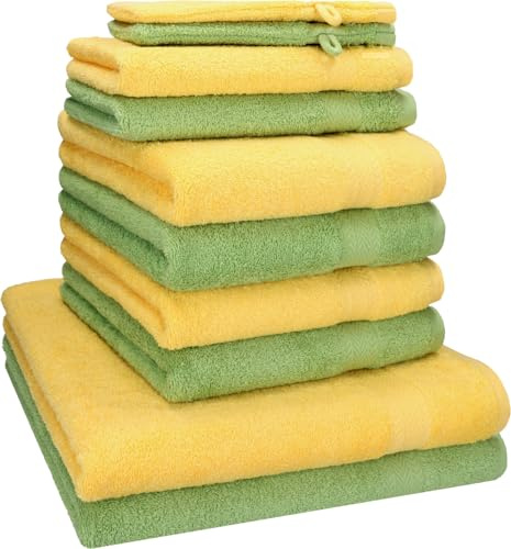 Betz 10-TLG. Handtuch-Set Premium 100% Baumwolle 2 Duschtücher 4 Handtücher 2 Gästetücher 2 Waschhandschuhe Farbe Gelb & Apfel Grün