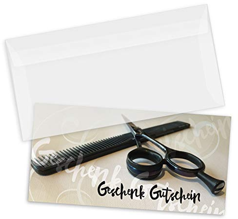 GESCHENKGUTSCHEINcom by POS-HAUER. Gutschein-Set. 50x Gutschein + Kuvert. Für Coiffeure Haarstudios Friseure Dienstleister, blanko zum selber Ausfüllen.