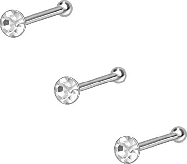 PIERCINGLINE Nasenstecker 3er Set aus 925 Silber mit rundem Kristall Nasenpiercing Stecker Set Silberfarben