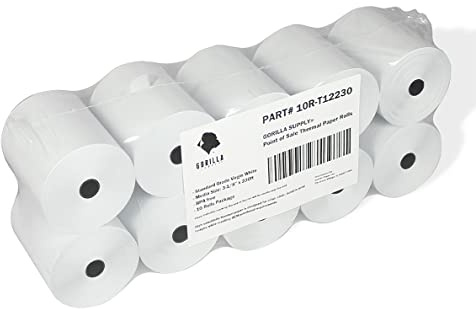 Gorilla Supply 55gsm 3 1/8 x 230 Thermal Paper Receipt Roll Clover Station Solo Duo TM-T88 T20 T90 Bixolon SRP-350 370, 3.125 x 230 ft Cash Register Paper, BPA Free, 10 Rolls