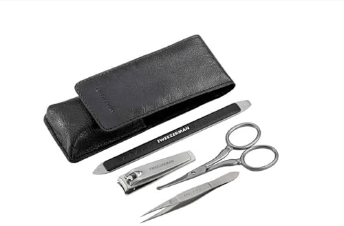 Tweezerman G.E.A.R For Men Essential Grooming Kit, Includes Mini Point Tweezers, Nail Clippers, Nail File, Facial Hair Mini Scissors, & Black Travel Case, (Set of 5)