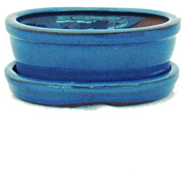 exotenherz Bonsai-Schale mit Unterteller Gr. 1 - Blau - oval - Modell O7 - L 12cm - B 9,5cm - H 4,5 cm