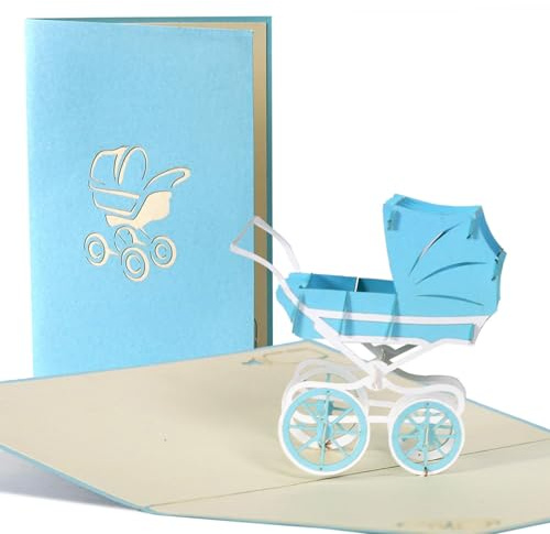 Tarjeta felicitacion bebe. Tarjetas regalos emergentes para nacimiento bebe o cumpleaños bebe para niño. Invitaciones baby shower con carrito azul y sobre, G13.2