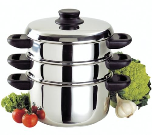 Baumalu, Combiné Vapeur 3 Corps Inox 20 cm Argenté - Ustensile de Cuisine en Acier Inoxydable, Compatible Tous Feux, Couvercle en Verre, Équipement Bakélite, Haute Qualité
