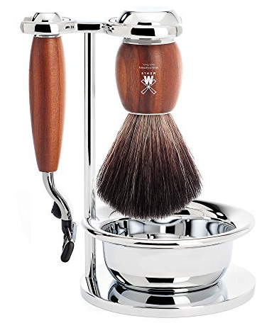 MÜHLE Vivo 4-tlg. Rasierset mit Systemrasierer, edler Pflaumenholz-Griff | Nassrasur-Set kompatibel mit Gillette Mach3-Klinge, Rasierpinsel Black Fibre vegan, Halterung, Schale, für Bart und Gesicht