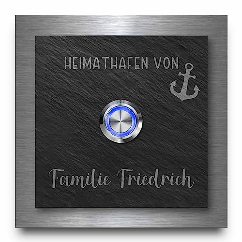 Schiefer Türklingel mit Edelstahlrahmen - Klingel Modell Friedrich ab 10x10 cm | Individuell graviert mit Wunschtext und Motiven - Optional mit beleuchtetem Klingelknopf