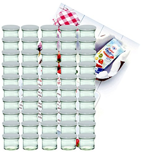 MamboCat 50er Set Sturzglas 125 ml Marmeladenglas Einmachglas Einweckglas to 66 weißer Deckel incl. Diamant-Zucker Gelierzauber Rezeptheft