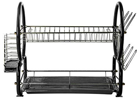 SQ Professional 2 Tier Dish Drainer Rack with Drip Tray (Metallic Black)