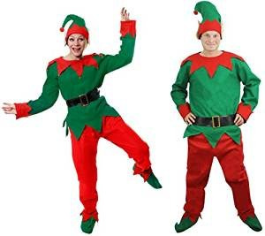 I LOVE FANCY DRESS LTD Weihnachts ELF KOSTÜM WICHTEL VERKLEIDUNG= ROT GRÜNES KOSTÜM=MÜTZE MIT Ohren=Schuhe MIT GRÜNEN Pompoms=Hose MIT Gummizug=GRÜNES Oberteil=SCHWARZEN Plastik GÜRTEL -Large