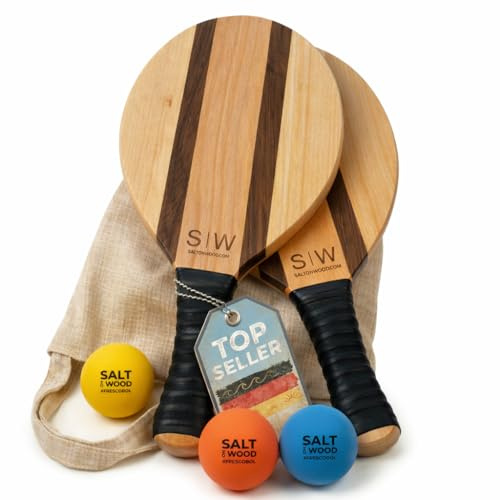 Salt on Wood Frescobol Set – 2 hochwertige Schläger – inkl. 3 Bälle & praktischer Jutetasche – Premium Beachball Set – handgefertigt – das Original seit 2016 – Beach Tennis