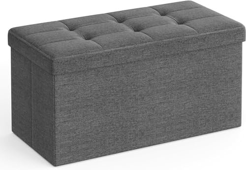 SONGMICS Cassapanca, Pouf Contenitore, Poggiapiedi Pieghevole da 38 x 76 x 38 cm, Ottomano, Regge fino a 300 kg, per Soggiorno, Camera da Letto, Entrata, Grigio Scuro LSF47K