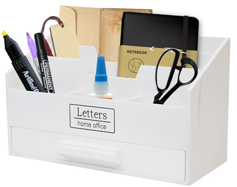 Schreibtisch-Organizer Weiß 5 Fächer eine Schublade Briefbox Holz Schreibtischorganizer Ständer Briefablage Holz Letterbox Ablage Büro Organizer Holz Schreibtisch Briefständer Briefhalter Utensilio