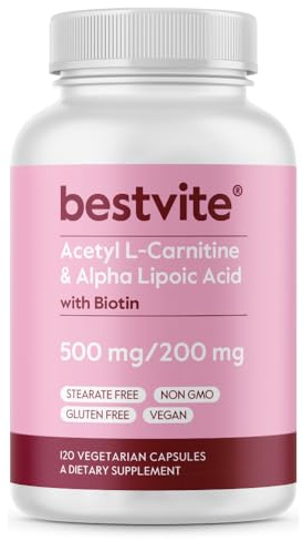 BESTVITE Acetyl L-Carnitine 500mg & Alpha Lipoic Acid 200mg per Capsule with Biotin (120 Vegetarian Capsules) - No Stearates - Vegan - Non GMO - Gluten Free