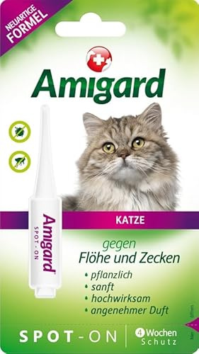 Amigard Spot-On 1er Pack für Katzen, gegen Zecken und Flöhe, 1 Monat Schutz, pflanzliche Wirkstoffe, ohne Parfüm und Konservierungsmittel, vegan