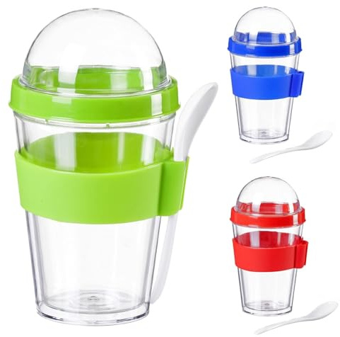 GOODS+GADGETS® Muesli to Go – Pot Yaourt 350 ml, Couvercle Hermétique | Double compartiment – muesli croustillant, yaourt frais – cuillère incluse – coloris bleu, vert, rouge