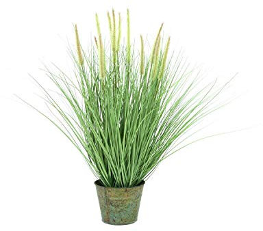 artplants.de Deko Fuchsschwanzgras, 12 Rispen, im Metalltopf, grün, 70cm - Kunstpflanze im Topf - Künstliches Gras