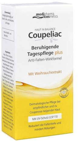 Coupeliac Beruhigende Tagespflege plus | Dermatologische Pflege bei zu Couperose neigender Haut | Reduziert die Faltentiefe | Mindert Rötungen | Mit LSF 15 | 50 ml