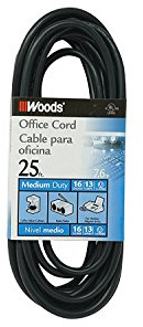 Woods Light Duty Extension Cord - Indoor Power Solution for Office & Household Use - SJTW Extension Cord - 16 Gauge - 3 Conductor - 25 Feet - Black
