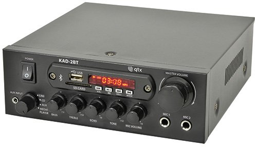 qtx KAD-2BT DIGITAL STEREO MULTI-FUNCTIONAL AMPLIFIER CLASS D WITH BLUETOOTH 55W BUILT-IN MEDIA PLAYER, USB & SD INPUT & FM RECEIVER 3.5MM LINE DOMESTIC/COMMERCIAL USE