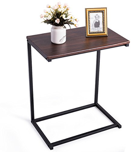 COSTWAY C-förmig Beistelltisch Laptoptisch Sofatisch Notebooktisch Pflegetisch Ablagetisch Metall + Holz 55x35x65cm (braun)