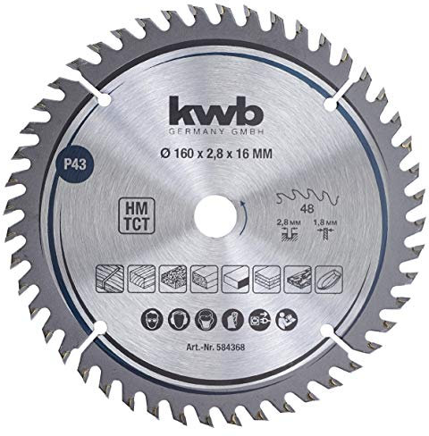 kwb Kreissägeblatt 160 x 16 mm, sehr feiner Schnitt, Sägeblatt geeignet für Arbeitsplatten, Holz und beschichtete Platten