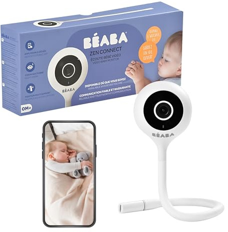 BÉABA - Baby Monitor Zen Connect - Video Baby Monitor - 1080 p Full HD-kamera - Walkie Talkie, lång räckvidd - Anslutning till mobilnätverk och WiFi möjlig - Vaggvisor, flexibel stång - Vit