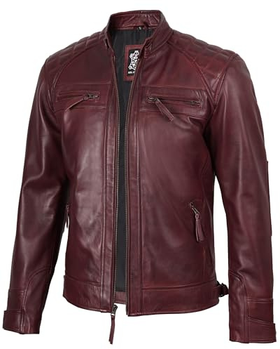 fjackets Real Lambskin Leather Biker Jacket — Quilted Cafe Racer Zip Up Moto Leather Jacket Men | [1100103] Diamond1 Maroon, M