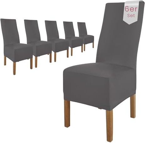 Scheffler Home Stuhlhussen 6er Set Grau Lena – Stretch Stuhlbezüge für Polsterstühle und Esszimmerstühle – Waschbar, bügelfrei und pflegeleicht