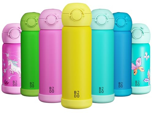 B2DO Doppelwandige Edelstahl Thermoflasche für Kinder Gelb 500ml| Auslaufsichere isolierte Kinder Trinkflasche für die Schule | BPA-freie Trinkflasche mit Trinkhalm für Kinder