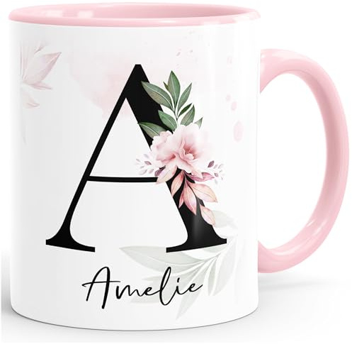 SpecialMe® Kaffee-Tasse mit Buchstabe Monogramm personalisiert mit Namen Initiale Blumen-Motiv persönliche Geschenke Rosa Keramik-Tasse
