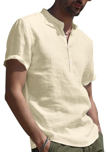 YAOBAOLE Leinenhemd Herren Kurzarm Hemd Freizeithemden Shirt Basic Shirt Khaki L