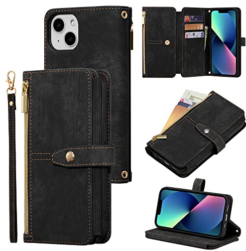ZCDAYE Wallet Case for iPhone 13, Premium Leather Phone Case Women Ladies Holster with Card Slots Wrist Strap Zipper Flip Phone Cover for iPhone 13 (6.1 inches), Black