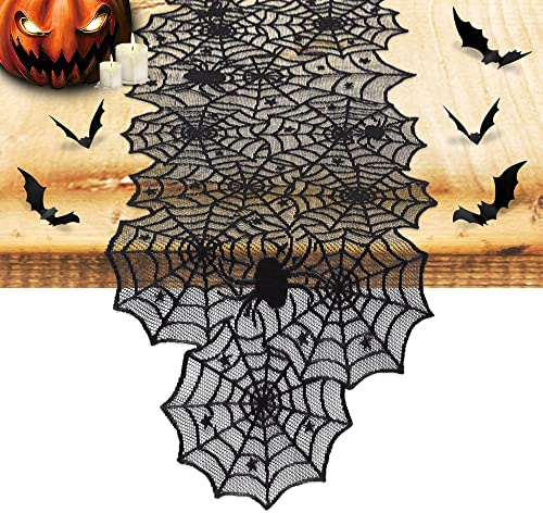 Nialnant Halloween Decoration Table Runner with 12 Pack 3D Bats, Spider Web Black Lace Table Runner for Kitchen Dinner Table, Halloween Party Decoration Indoor - 18 x 72 Inch