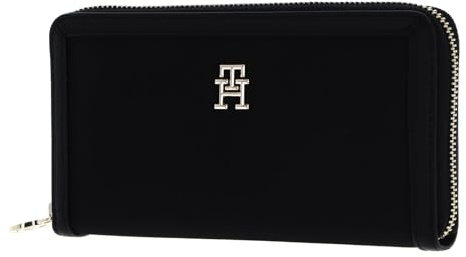 Tommy Hilfiger Damen Geldbörse Black Nachhaltige Produktion Leder 3 Fächer 2 Taschen Reißverschluss TH-Monogramm Metall-Logo Polyester Lining 4x2x10 cm