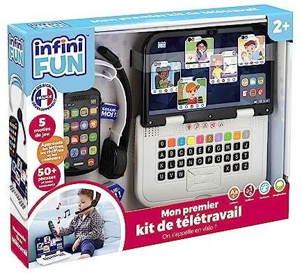 Infini Fun - Mon Premier kit de télétravail - Téléphone, Ordinateur et Casque pour Faire des visioconférences comme Les Grands ! Jeux d'imitation Multi-apprentissages pour Enfant dès 2 Ans