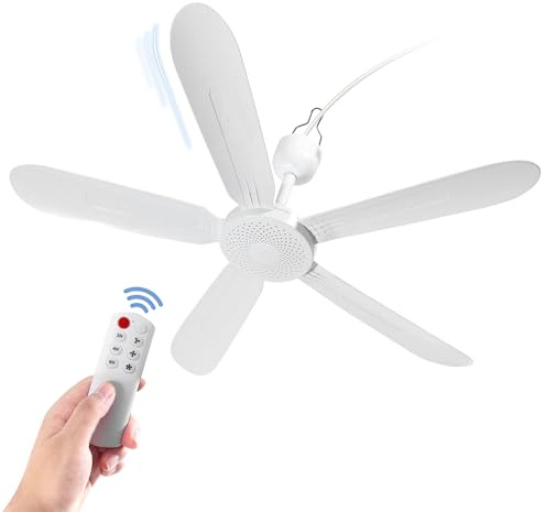 Mengnessly 28 Inch Ceiling Fan AC 110V/DC 12V Indoor Outdoor Gazebo Electric Fans for Tent with Remote Control Portable Hanging Plug in No Light White Bedroom Porch Quiet Small Room RV Garage Dorm
