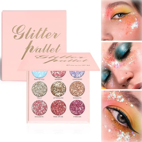 HERBENJOY Glitter Eyeshadow Palette Sparkling Face Glitter Pallets Pressed Pigments Eye Shadow Metallic Satin Colourful Eyeshadow All Shimmer Eye Make-Up For Women