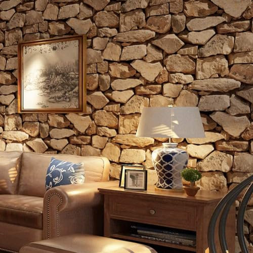 Stein Tapete 3D Stereo Steinoptik Tapete PVC Retro Moderne Wanddeko Wallpaper Wandtapete Steinwand Panel Fototapete Dekoration Study Zimmer Wohnzimmer Restaurant Cafe Deko (Braun)