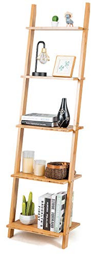 COSTWAY Leiterregal Bambus, 5 Ebenen Bücherregal, Standregal schmal, für Heimbüro, Wohnzimmer, 43 x 35 x 165 cm