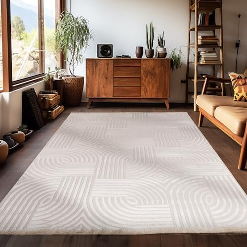 Carpetsale24 Kurzflor Teppich Wohnzimmer 240x340 cm Beige Modern Skandinavisch Boho Design Einfarbig 3D Effekt Weich Waschbar Pflegeleicht für Schlafzimmer Esszimmer Groß