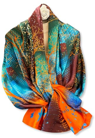 LumiSyne Bufandas De Seda Mujer Pintura Al Óleo Flores Estampado Árbol Patrón Estilo Artístico Colorido Bufanda Señoras Largo Grande Fulares Ligero Cálido Chal Estola Hijab Protector Solar Pareo Playa