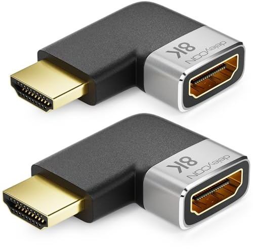 deleyCON 2 Pezzi Adattatore HDMI Connettore di Accoppiamento 8K@60Hz / 4K@120Hz UHD 7680x4320 Alluminio HDMI 2.1 ARC HDR10+ Dolby Vision VRR ALLM 48Gbps ad Angolo Retto Grigio Nero
