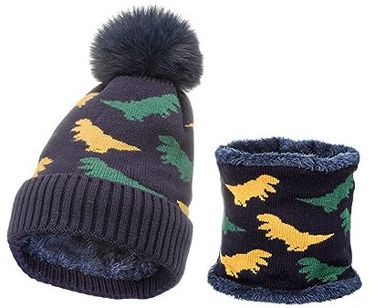 ISAKEN Stickad hatt set med stickad mössa och halsskydd för barn, stickad babymössa, kallt förebyggande, för utomhusaktiviteter, Marinblå, M