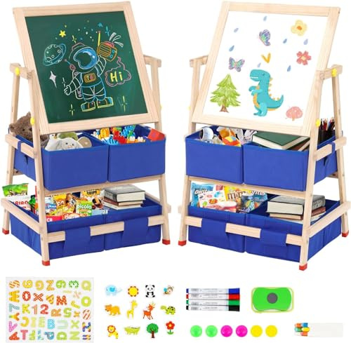 Kids Art Easel Double-Sided Rotatable Whiteboard & Chalkboard with 4 Toy Organizers, Wooden Art Standing Easel Drawing Board with Numbers and Other Accessories for Kids