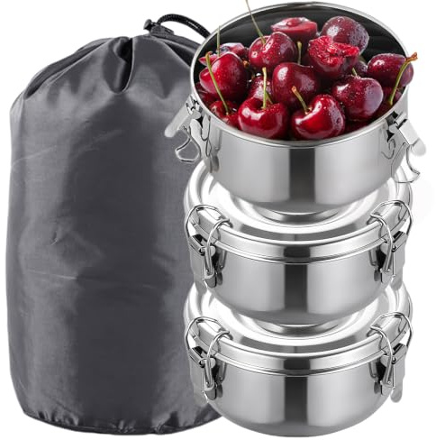 Sporgo 3 Stück Brotdose Edelstahl: 240ML Edelstahl Frischhaltedose Auslaufsicher Lunchbox Brotzeitbox BPA-frei, Bento Box Jausenbox Frühstücksbox für Snacks, Obst, Müsli, Gewürz