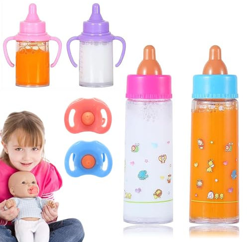 Ruikdly Magische Flasche 6 Stück Magische Milchfläschchen mit Schnuller Trinkflasche Puppenzubehör Zubehör für Babypuppen, Spielpuppen