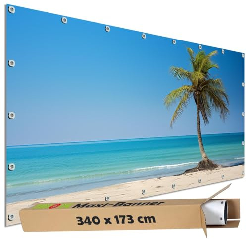 TRIOSK Sichtschutz Garten Dekoration Plane groß mit Motiv Strand Meer Karibik Palme Motivbanner blickdicht für Terrasse Zaun Gartenzaun Gartenposter PVC Zaunblende 340x173 cm