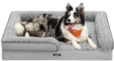 Feandrea Orthopädisches Hundebett für mittelgroße Hunde, wasserdichtes Hundesofa mit abnehmbarem Plüsch-Bezug, 91 x 68 x 16 cm, Taubengrau PGW252G01