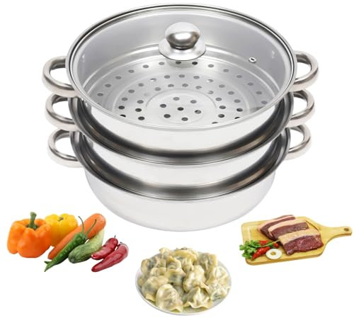 Charocean 28cm Stainless Steel Steamer Pot Set with Vented Glass Lids - 3 Tier Dumpling Steamer, Induction Safe