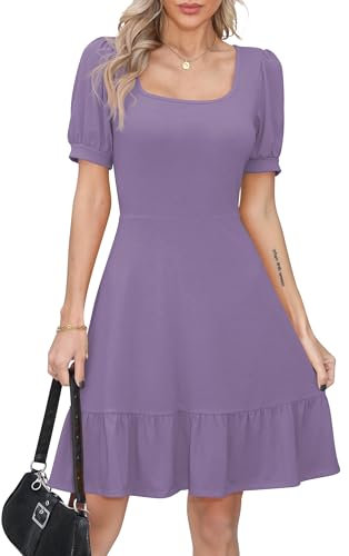 Missufe Robe d'été pour femme - Robe patineuse à volants - Manches bouffantes - Manches courtes - Swing - Robe de loisirs, lilas, L